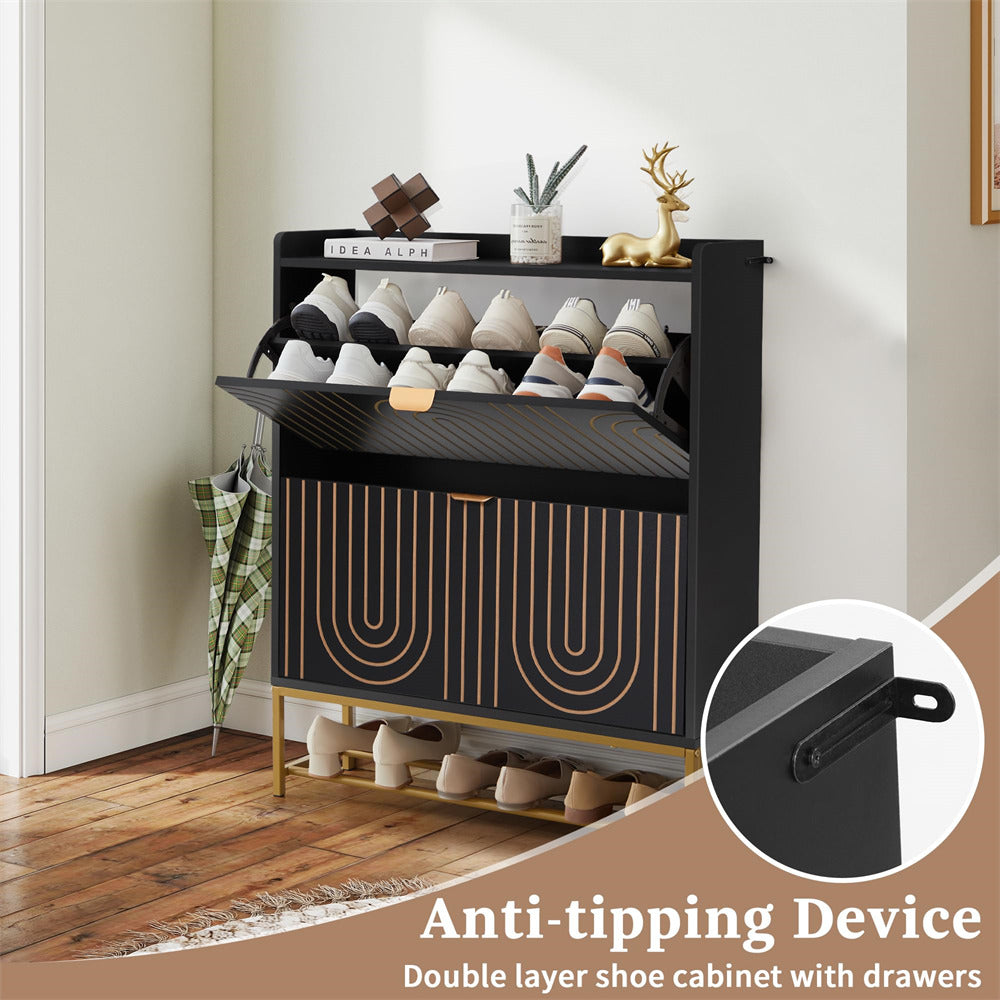 Black shoe cabinet with multiple pairs of shoes on a wooden floor.