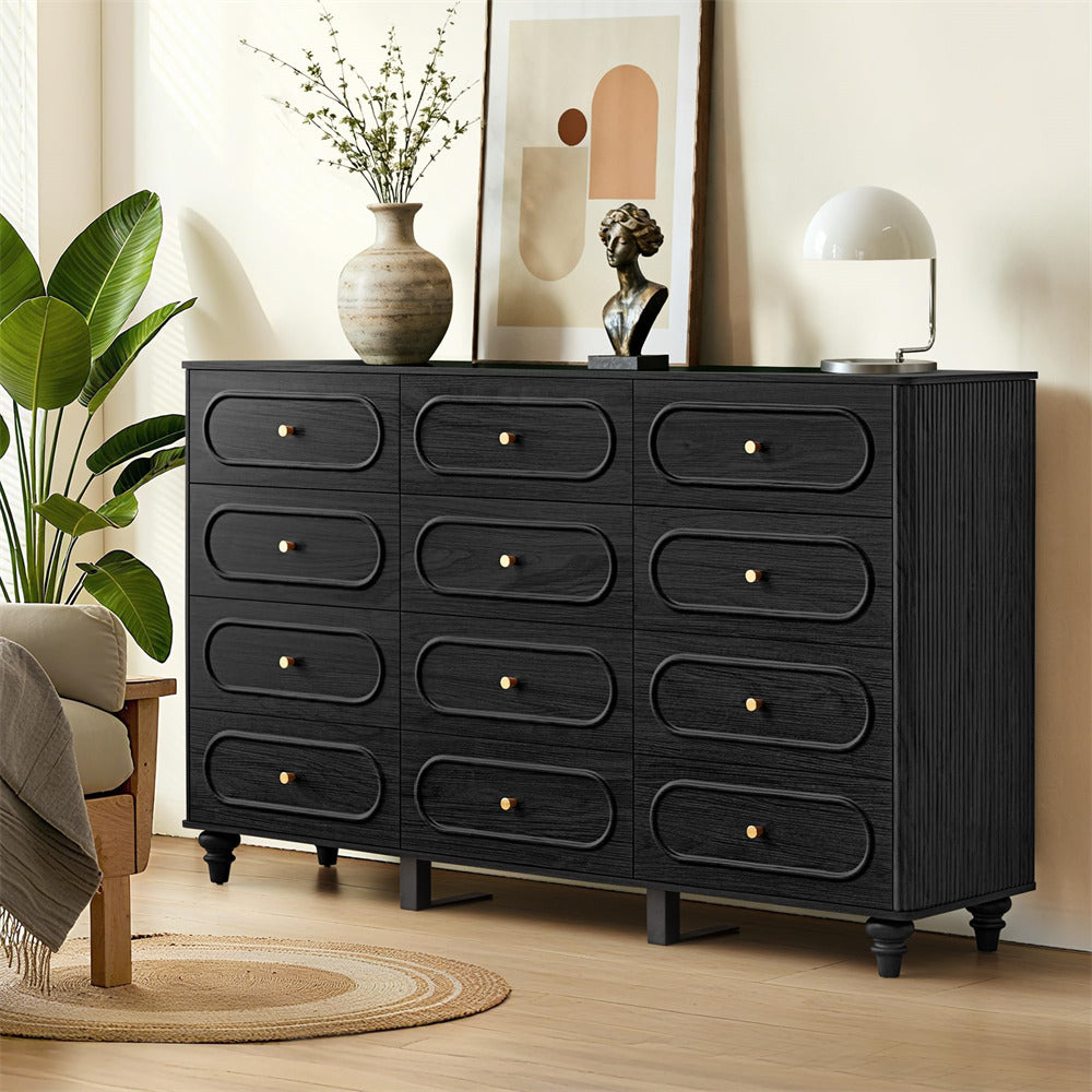 Black dresser with decorative items in a room setting