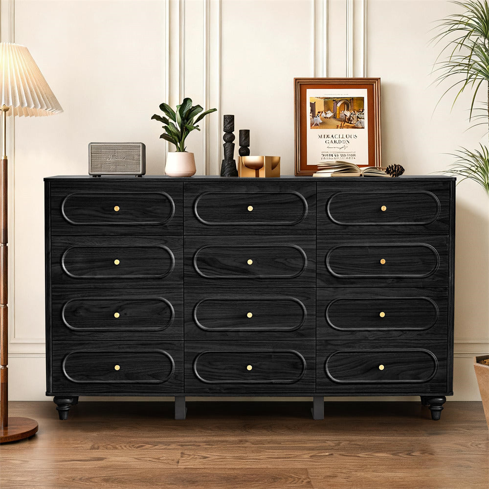 Black dresser with decorative items in a room setting