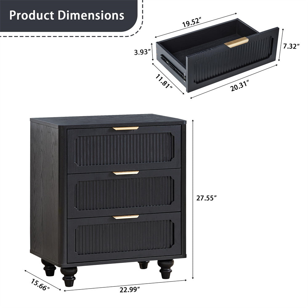 Black dresser with dimensions labeled on a white background