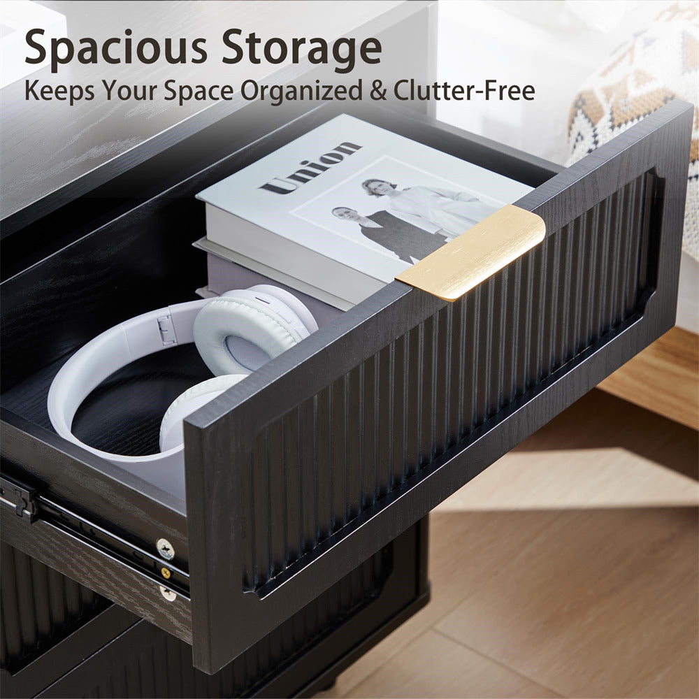 Drawer with organized items including books and headphones, emphasizing spacious storage.