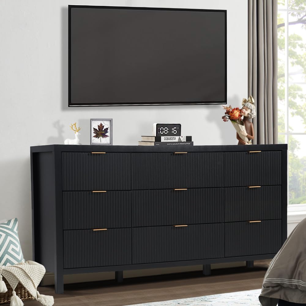 mid century modern black dresser Mid Century Modern 9 Drawer Dresser Farmhouse Boho Storage Cabinet Sid – GiraTree