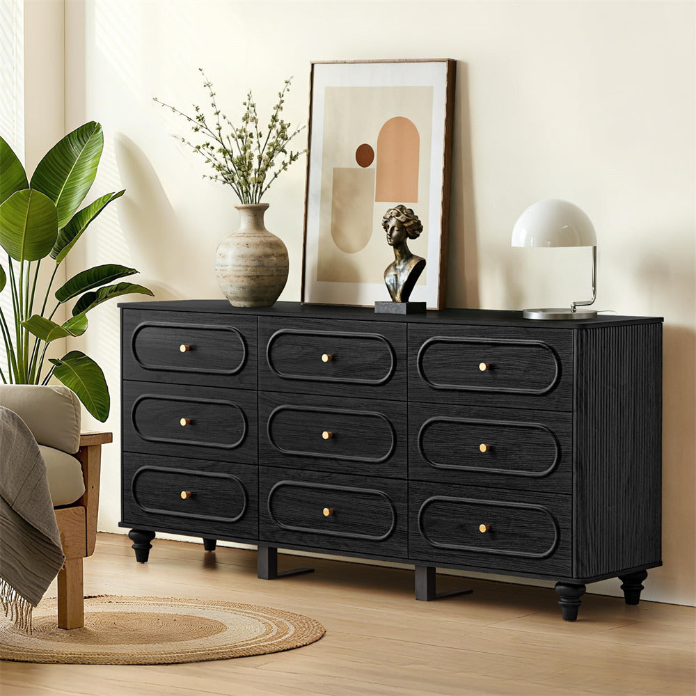 Black Mid Century Modern 9 Drawer Fluted Dresser Wood Storage Cabinet