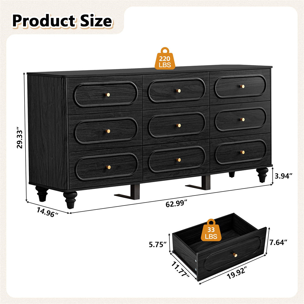 Black Mid Century Modern 9 Drawer Fluted Dresser Wood Storage Cabinet