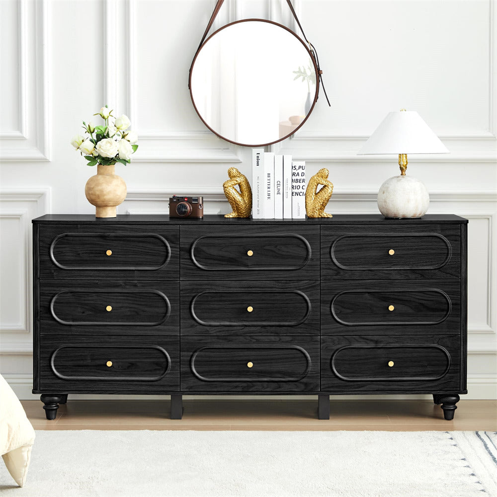 Black Mid Century Modern 9 Drawer Fluted Dresser Wood Storage Cabinet