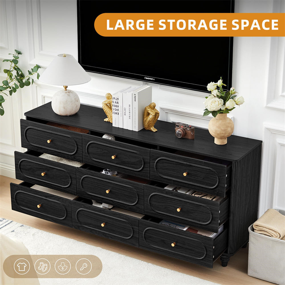 Black Mid Century Modern 9 Drawer Fluted Dresser Wood Storage Cabinet
