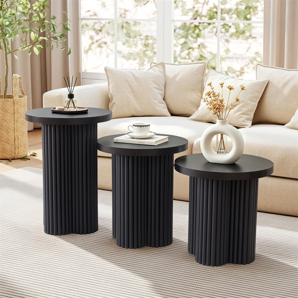 Black Mid Century Modern Fluted Round Nesting Coffee Table Set of 3