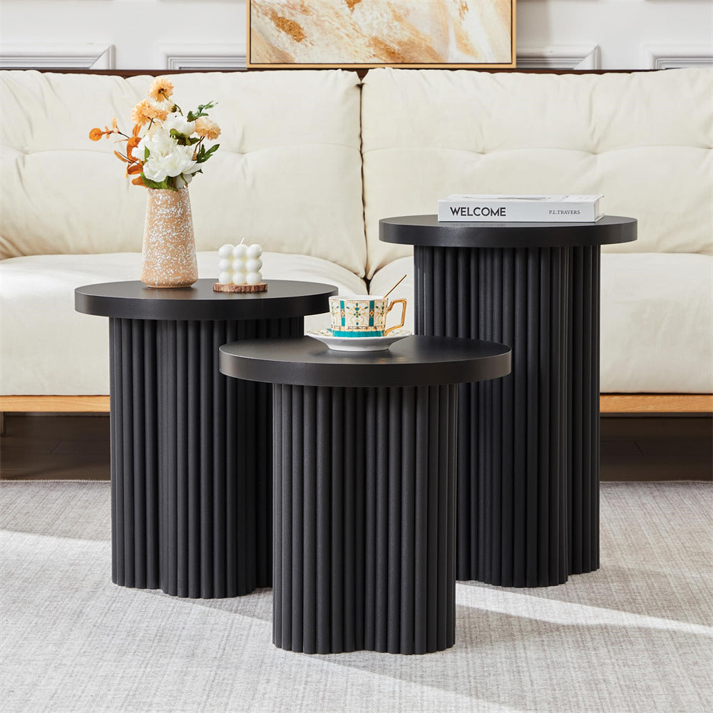 Black Mid Century Modern Fluted Round Nesting Coffee Table Set of 3