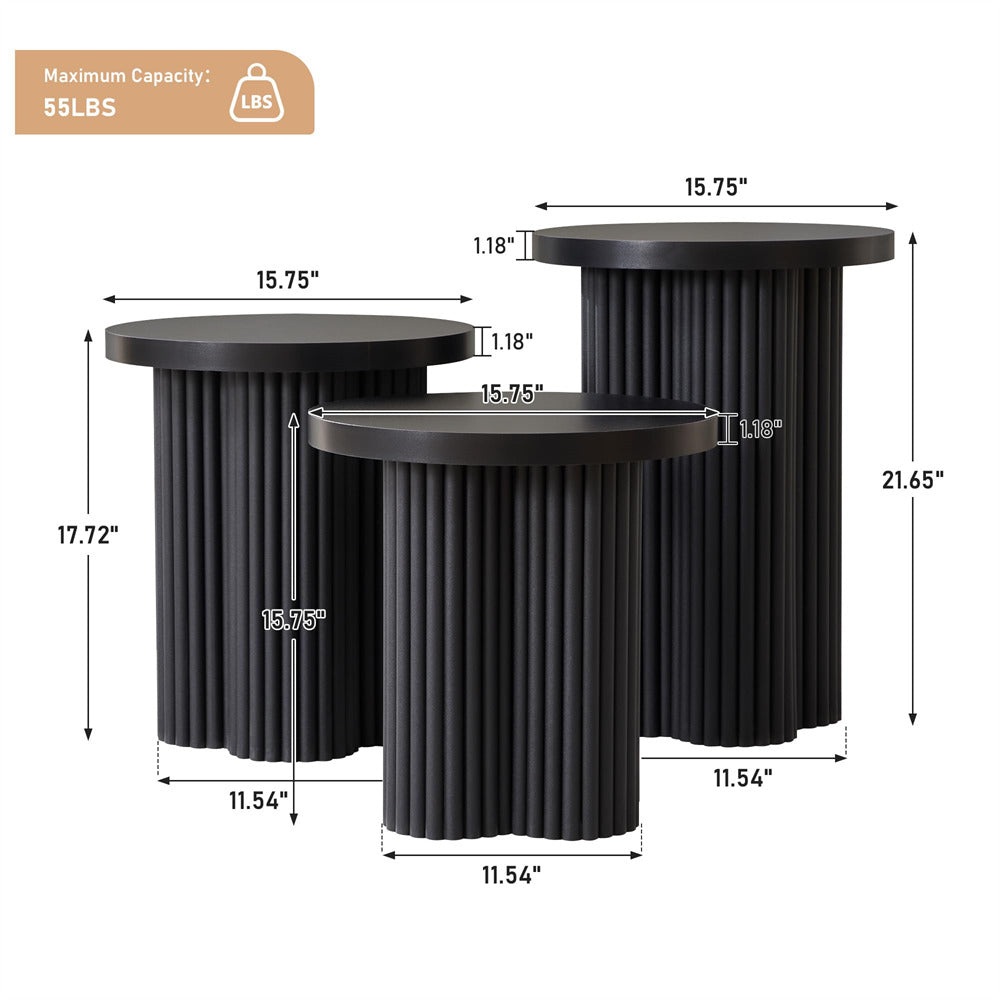 Black Mid Century Modern Fluted Round Nesting Coffee Table Set of 3