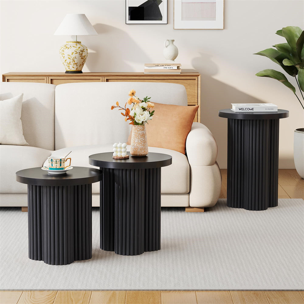 Black Mid Century Modern Fluted Round Nesting Coffee Table Set of 3