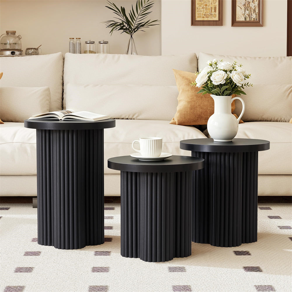 Black Mid Century Modern Fluted Round Nesting Coffee Table Set of 3