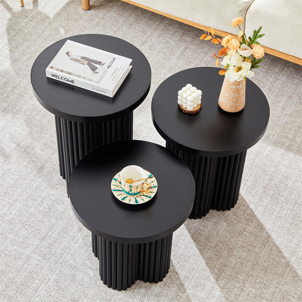 Black Mid Century Modern Fluted Round Nesting Coffee Table Set of 3