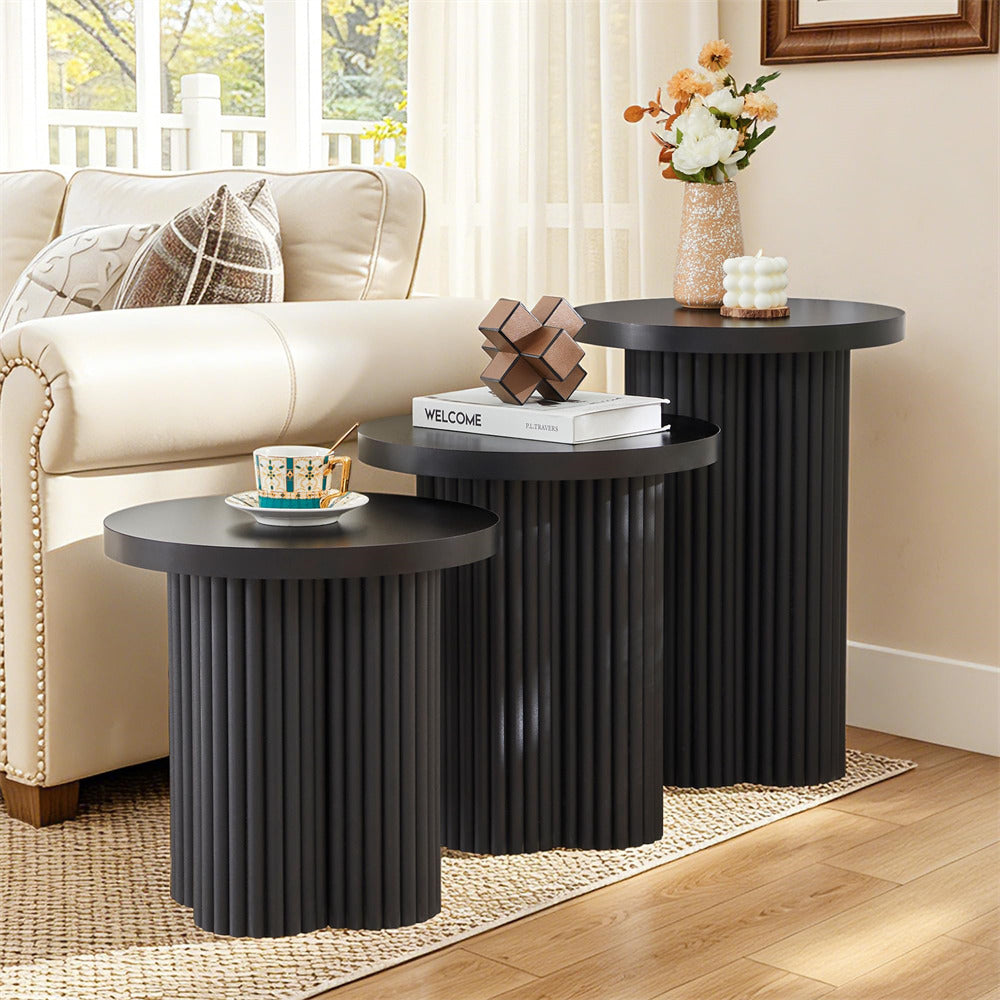Black Mid Century Modern Fluted Round Nesting Coffee Table Set of 3