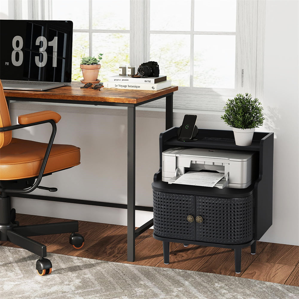 Home office setup with a desk, chair, and printer on a small cabinet.