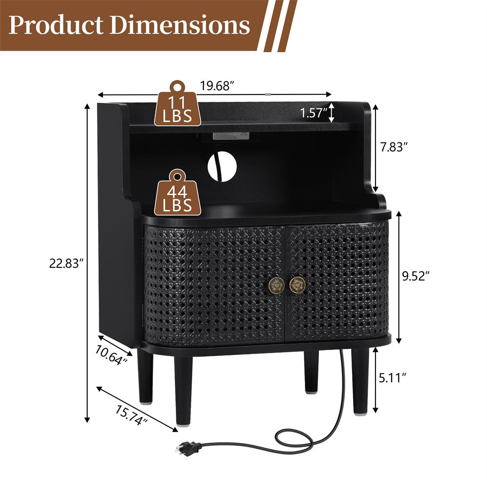 Black woven side table with dimensions and weight labels on a white background