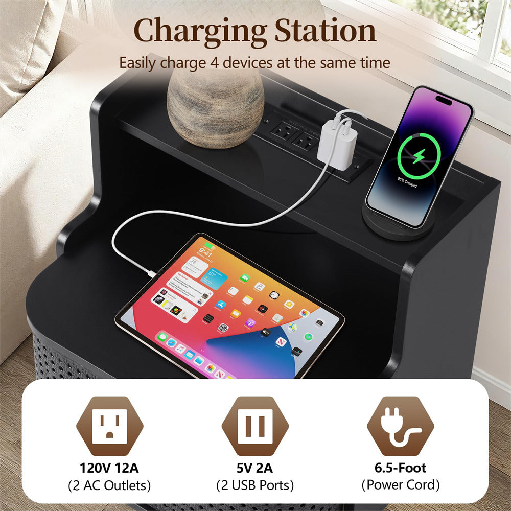 Charging station with multiple devices charging on a table.
