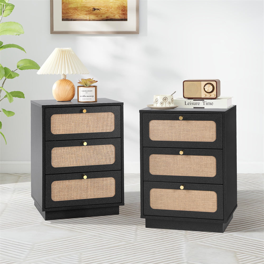 Black Mid Century Modern Wood Rustic Nightstand Side Table with Linen Drawers & 3 Drawers