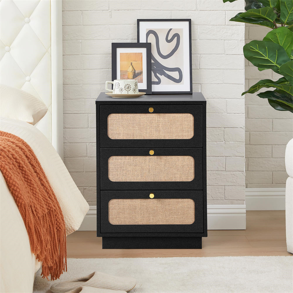 Black Mid Century Modern Wood Rustic Nightstand Side Table with Linen Drawers & 3 Drawers
