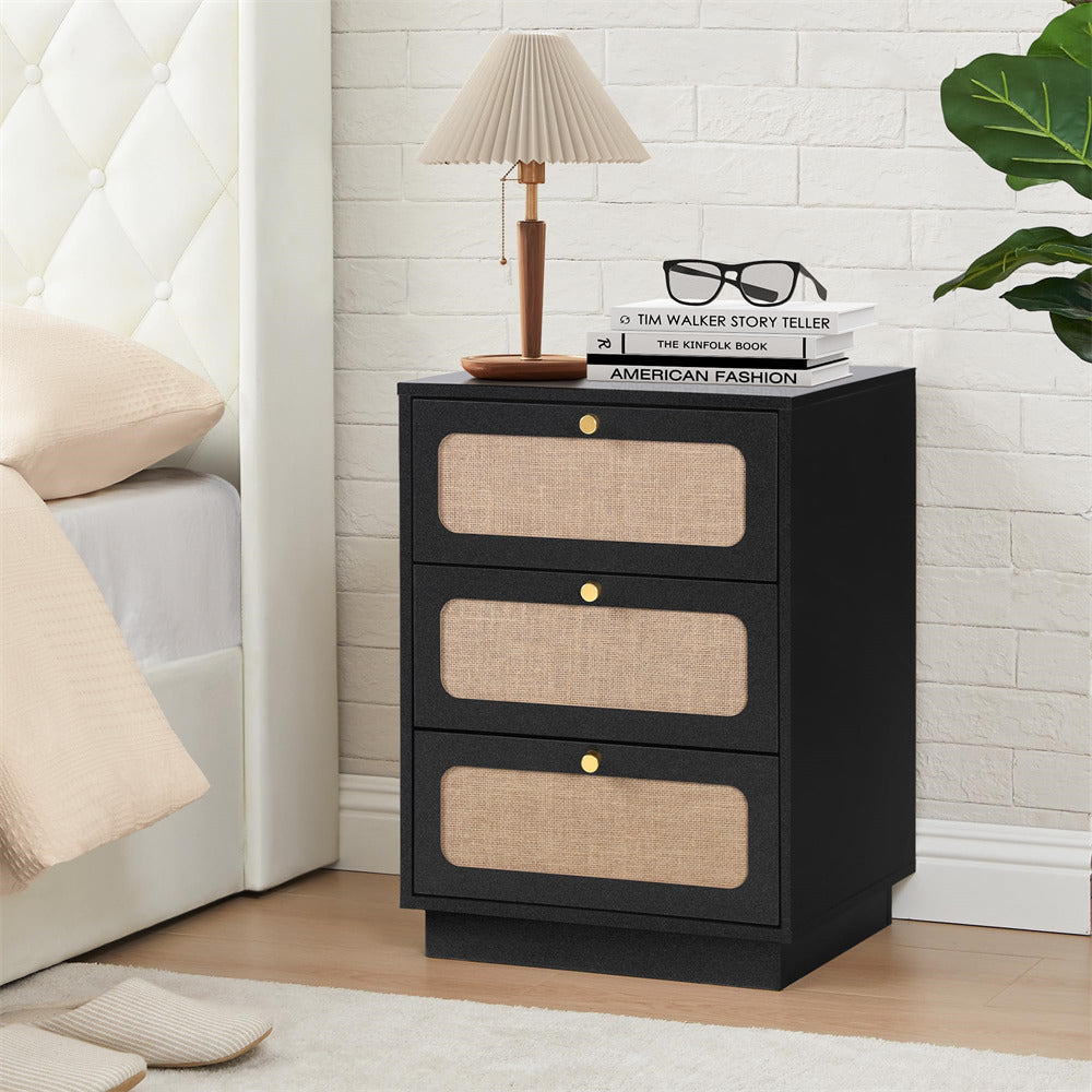 Black Mid Century Modern Wood Rustic Nightstand Side Table with Linen Drawers & 3 Drawers