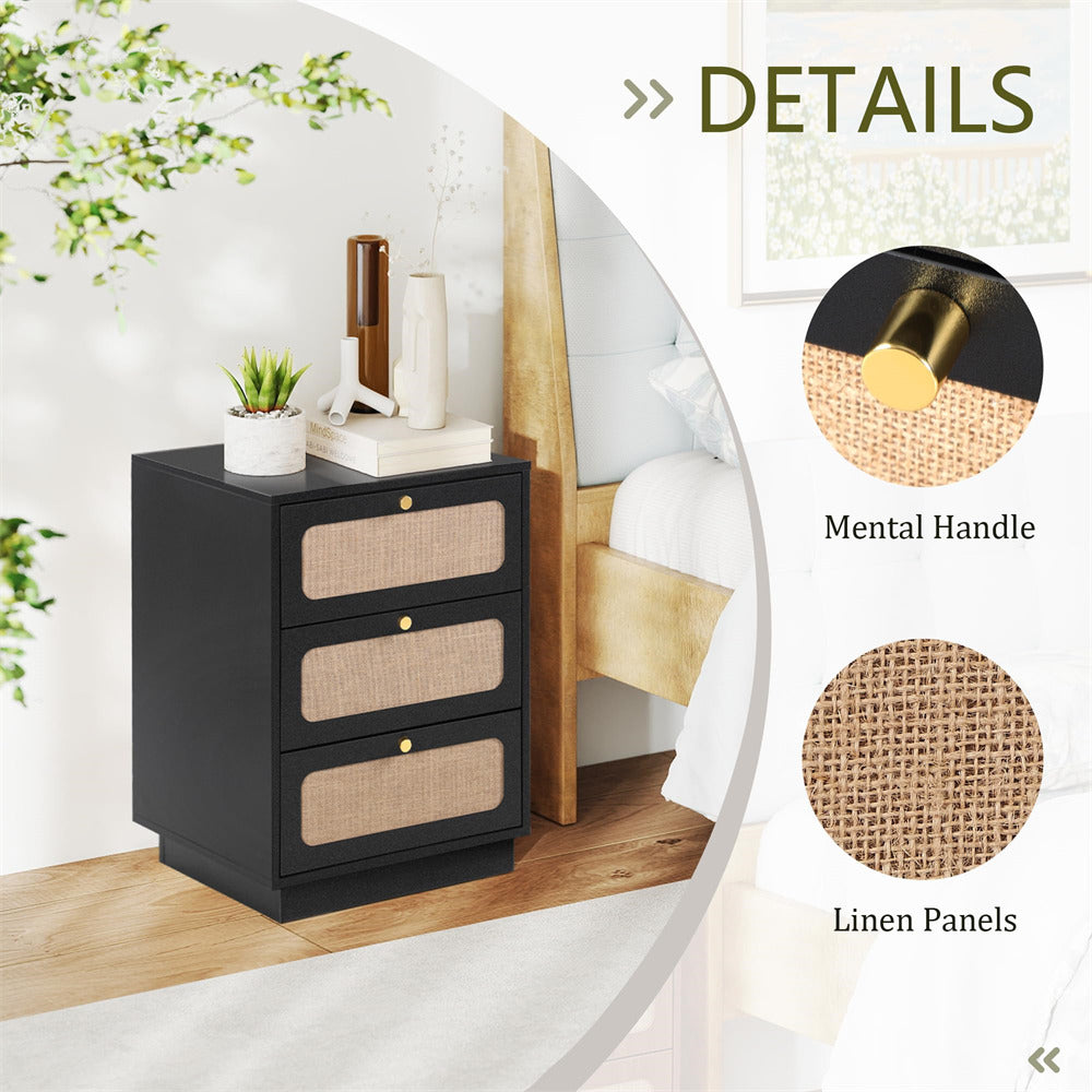 Black Mid Century Modern Wood Rustic Nightstand Side Table with Linen Drawers & 3 Drawers