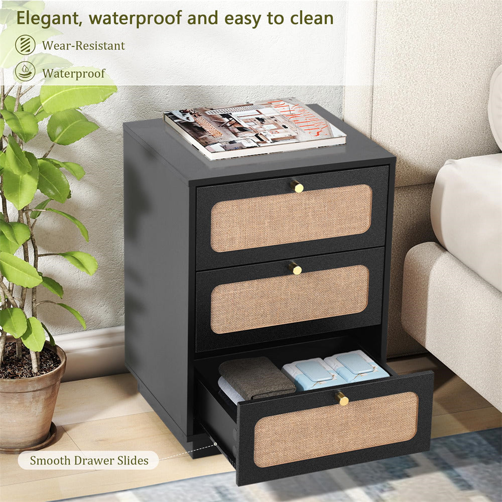 Black Mid Century Modern Wood Rustic Nightstand Side Table with Linen Drawers & 3 Drawers