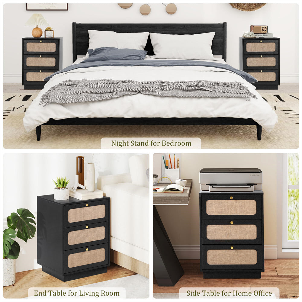 Black Mid Century Modern Wood Rustic Nightstand Side Table with Linen Drawers & 3 Drawers