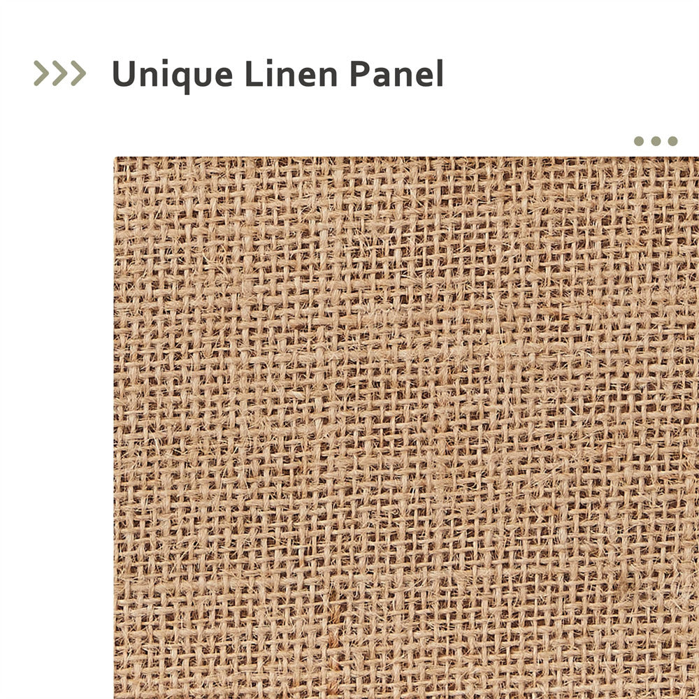 Textured beige linen panel with 'Unique Linen Panel' text above it.
