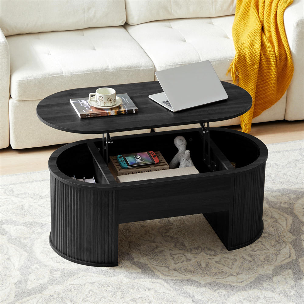 Black Mid Century Oval Wood Fluted Lift Top Coffee Table with Hidden Compartment