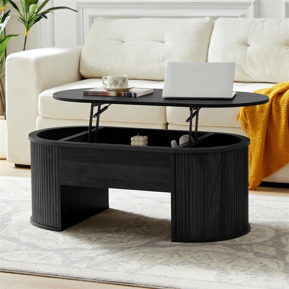 Black Mid Century Oval Wood Fluted Lift Top Coffee Table with Hidden Compartment