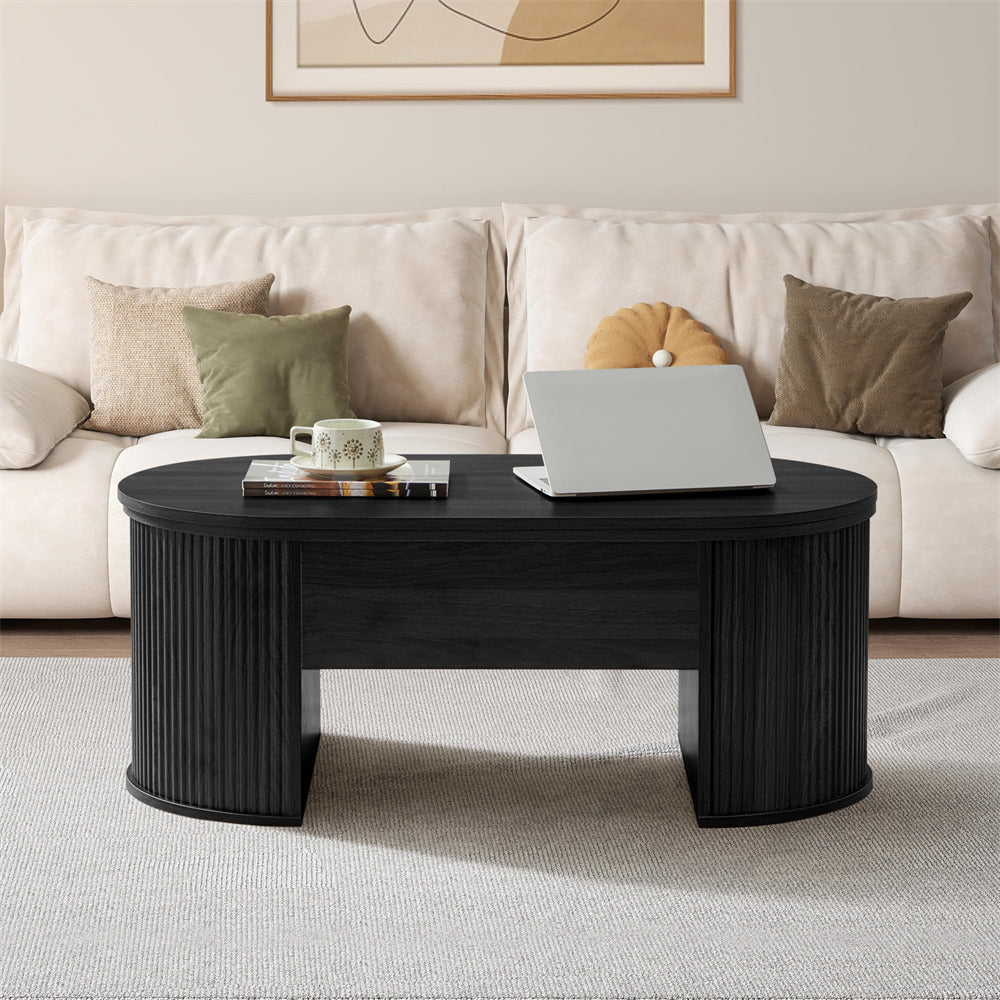 Black Mid Century Oval Wood Fluted Lift Top Coffee Table with Hidden Compartment