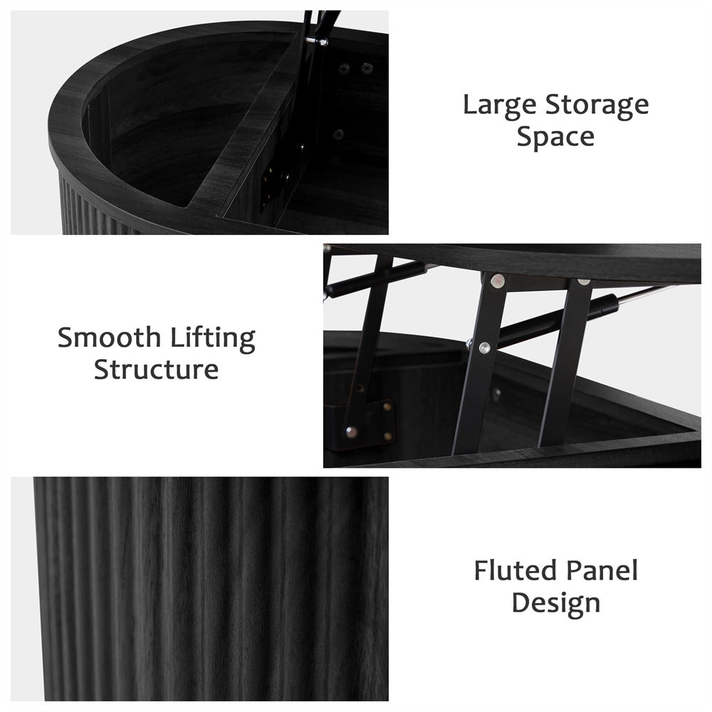 Black Mid Century Oval Wood Fluted Lift Top Coffee Table with Hidden Compartment