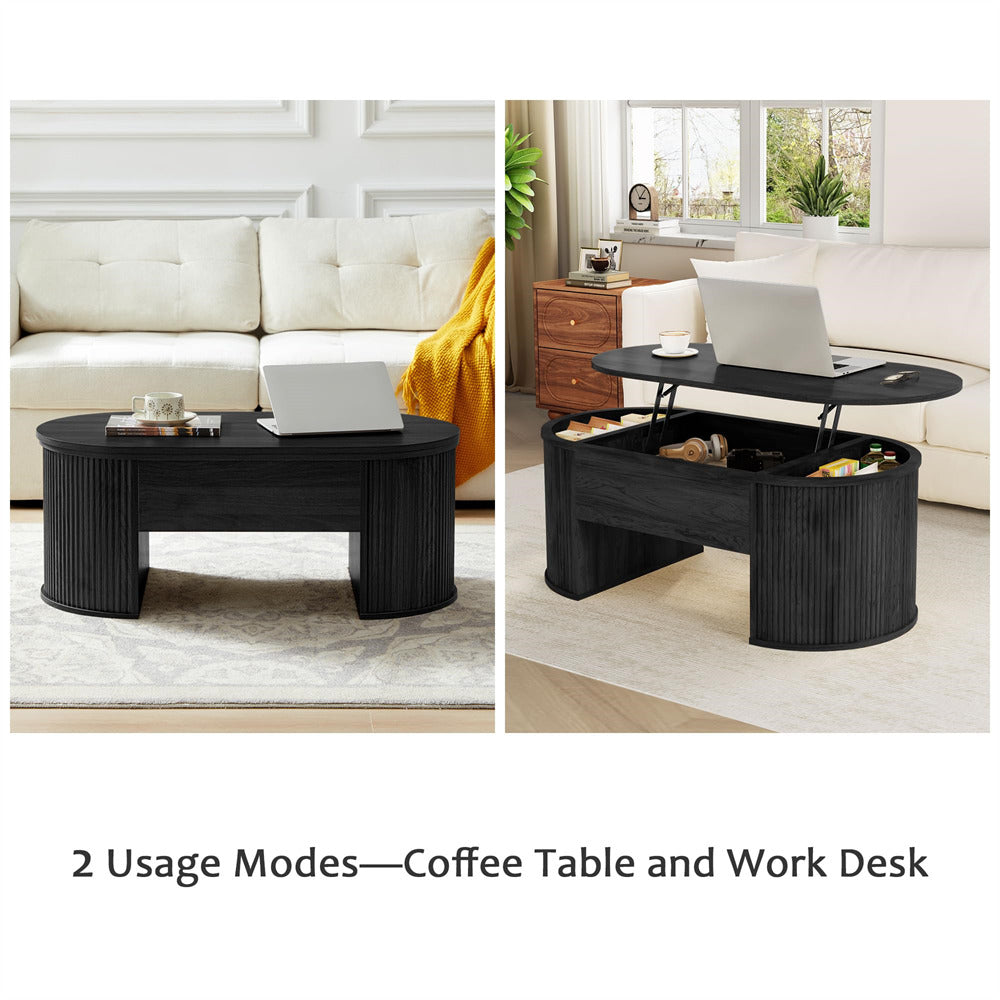 Black Mid Century Oval Wood Fluted Lift Top Coffee Table with Hidden Compartment