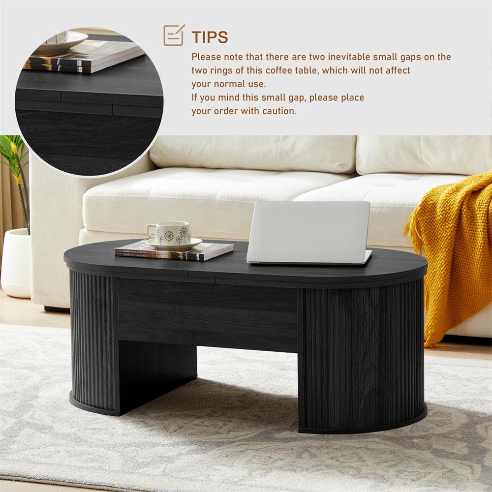 Black Mid Century Oval Wood Fluted Lift Top Coffee Table with Hidden Compartment