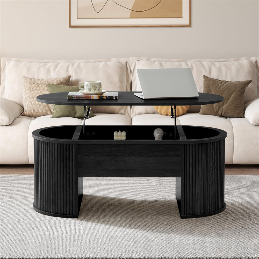 Black Mid Century Oval Wood Fluted Lift Top Coffee Table with Hidden Compartment