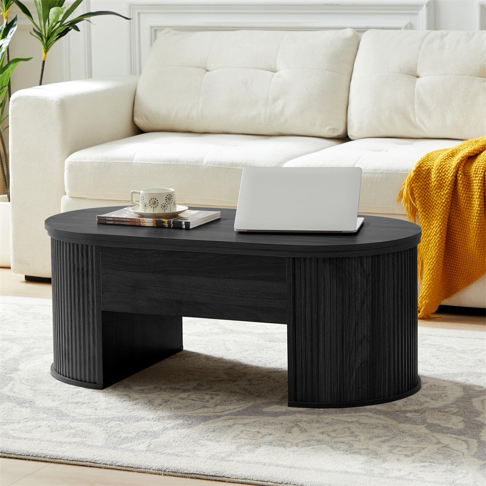 Black Mid Century Oval Wood Fluted Lift Top Coffee Table with Hidden Compartment