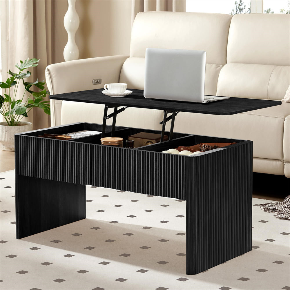 Black lift-top coffee table with a laptop and cup on a living room setting