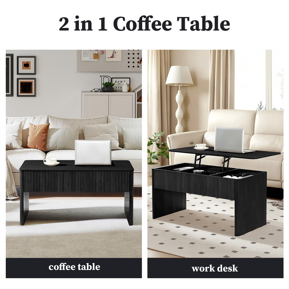 Two images of a 2-in-1 coffee table transforming into a work desk in a living room setting.