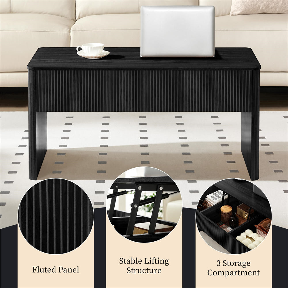 Black coffee table with fluted panel design, stable lifting structure, and three storage compartments in a living room setting.