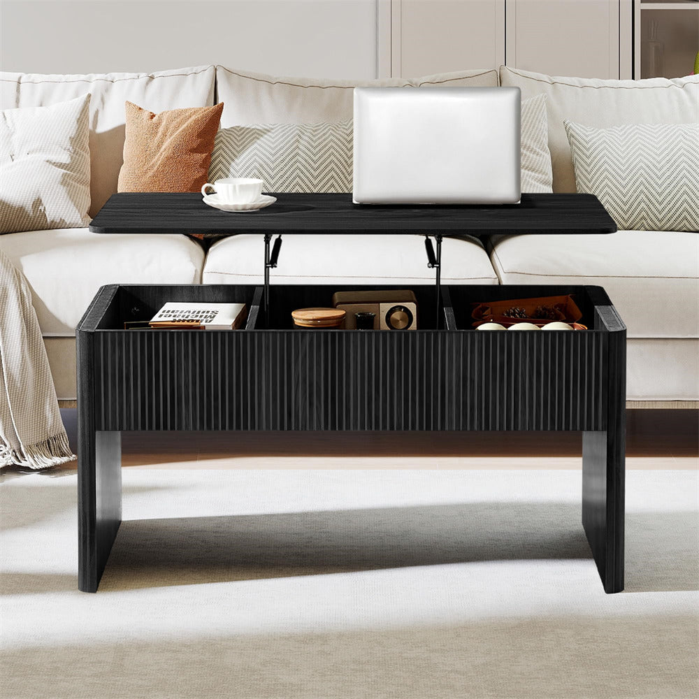 Black coffee table with lift-top feature in a living room setting