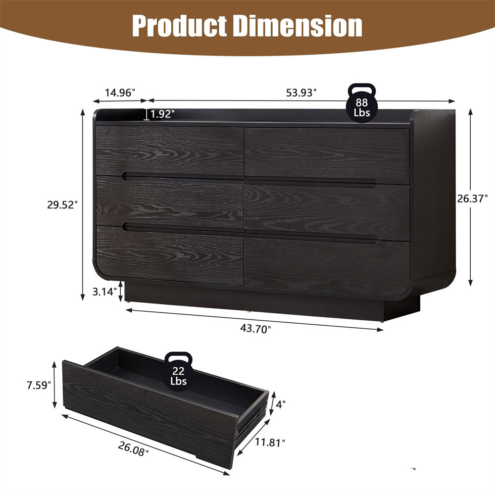 Black 6-drawer dresser with dimensions and weight label on a white background