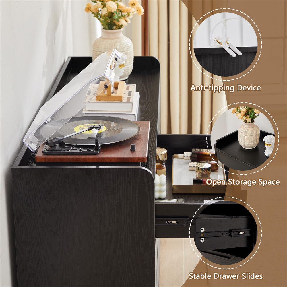 Turntable with open storage space and anti-tipping device features highlighted