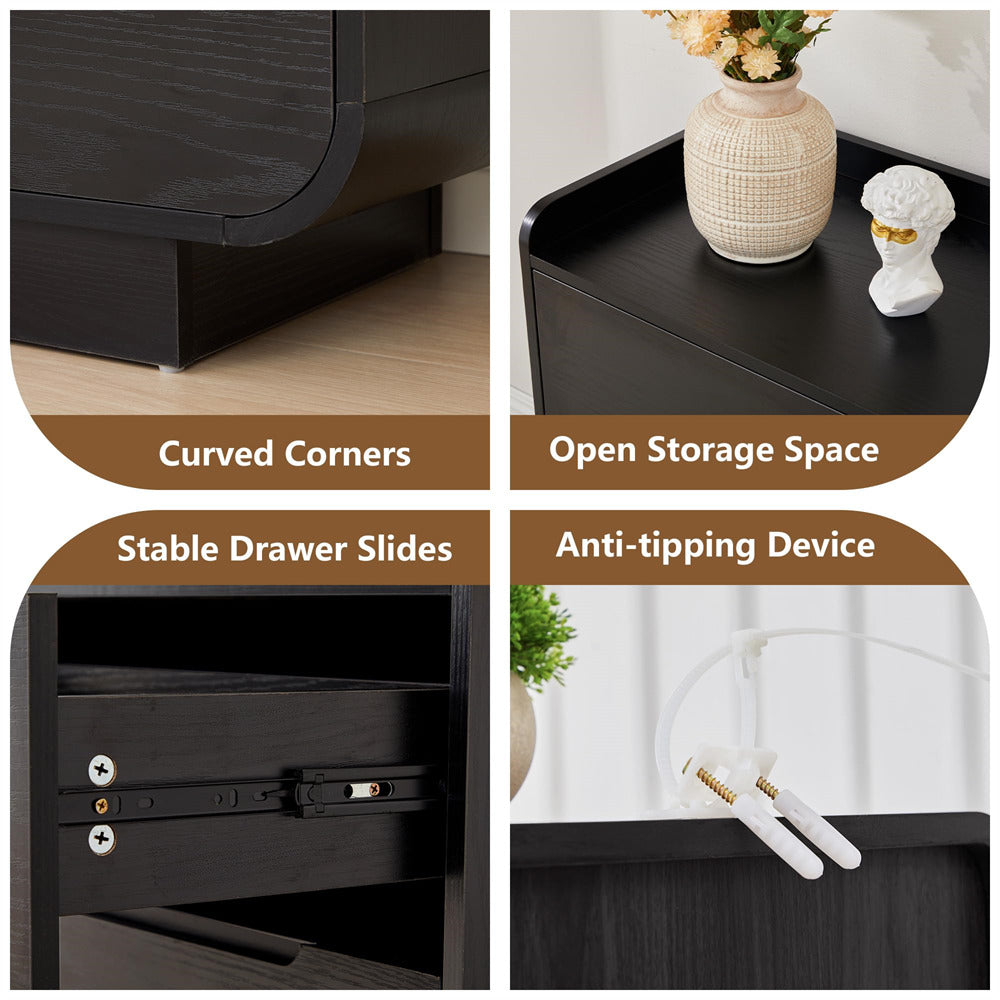 Collage of a black nightstand with features labeled: curved corners, open storage space, stable drawer slides, and anti-tipping device.