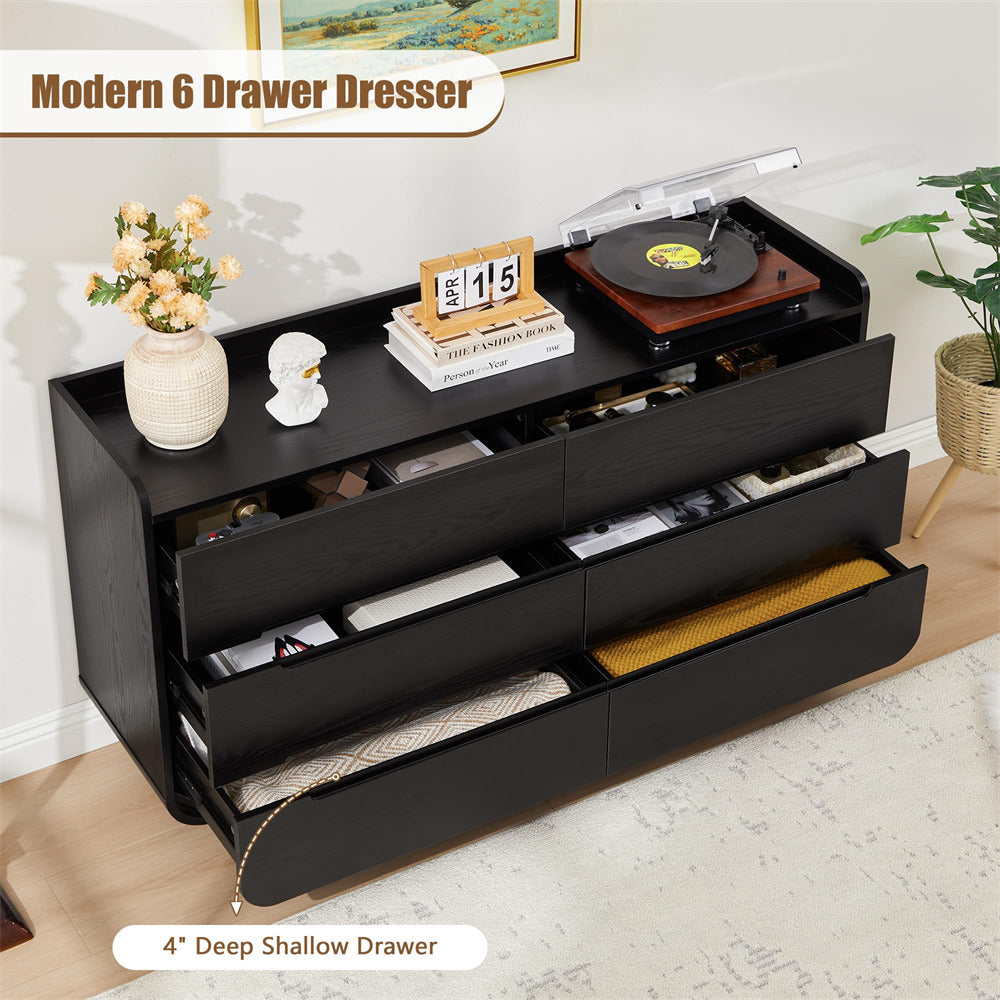 Black modern 6-drawer dresser with open drawers in a room setting.