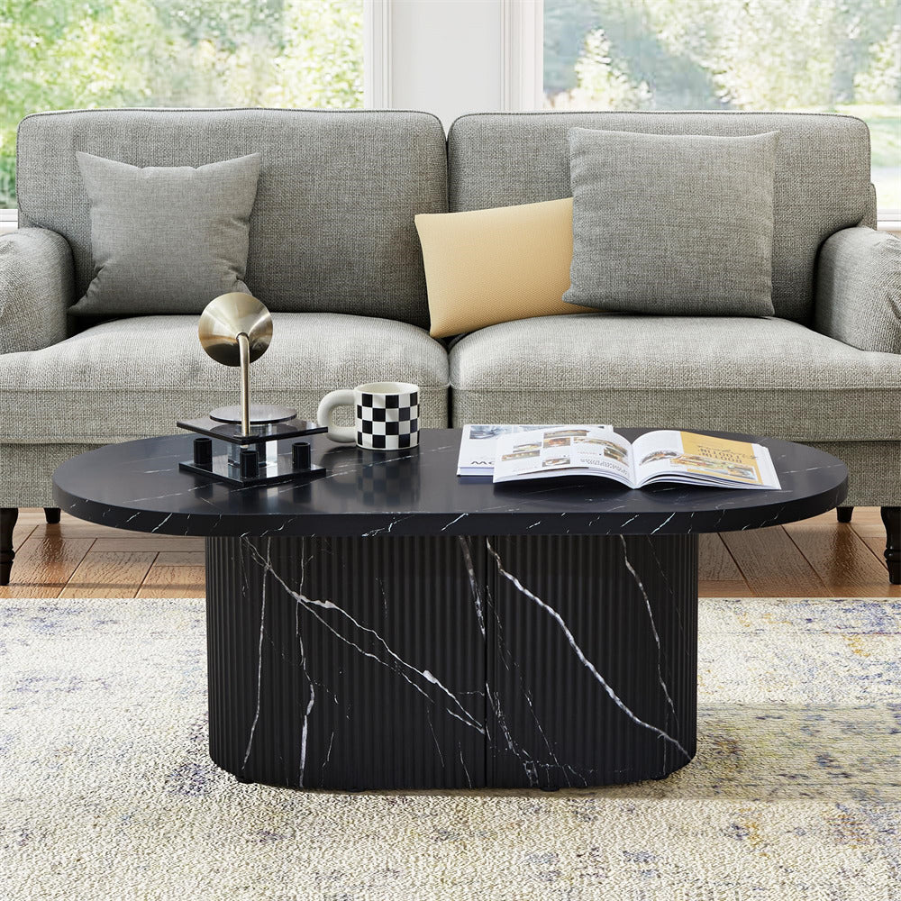 Black Modern Faux Marble Wood Oval Fluted Coffee Table
