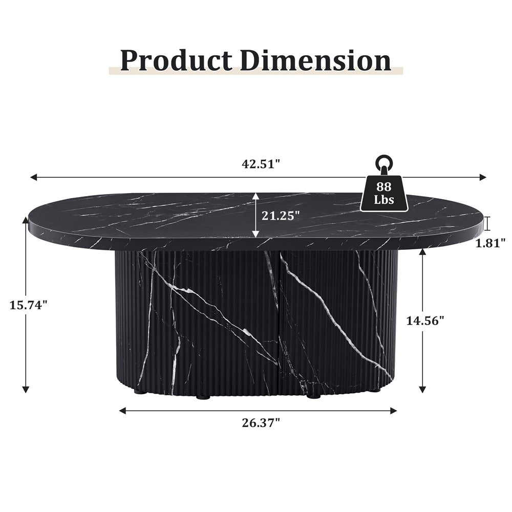 Black marble coffee table with dimensions and weight label on a white background