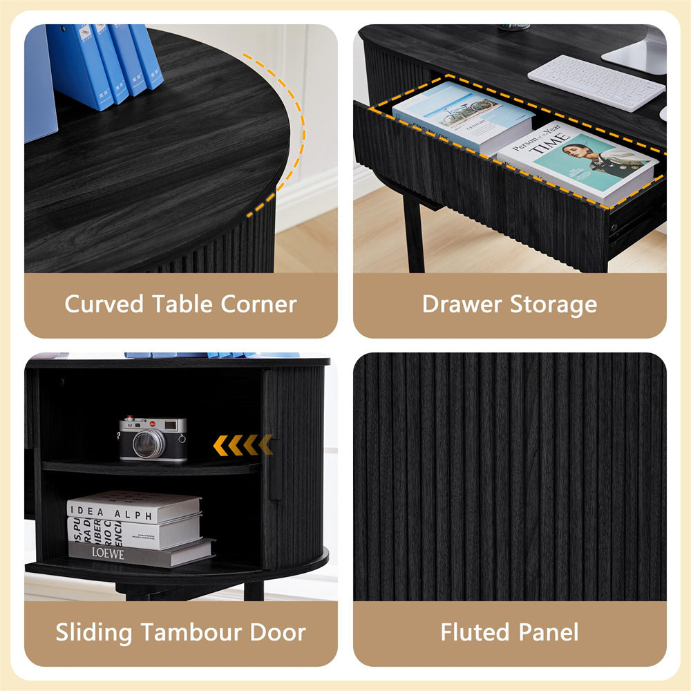 Collage of a black table with features labeled: curved corner, drawer storage, sliding tambour door, and fluted panel.
