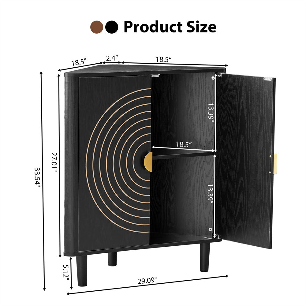 Black cabinet with gold accents and measurements on a white background