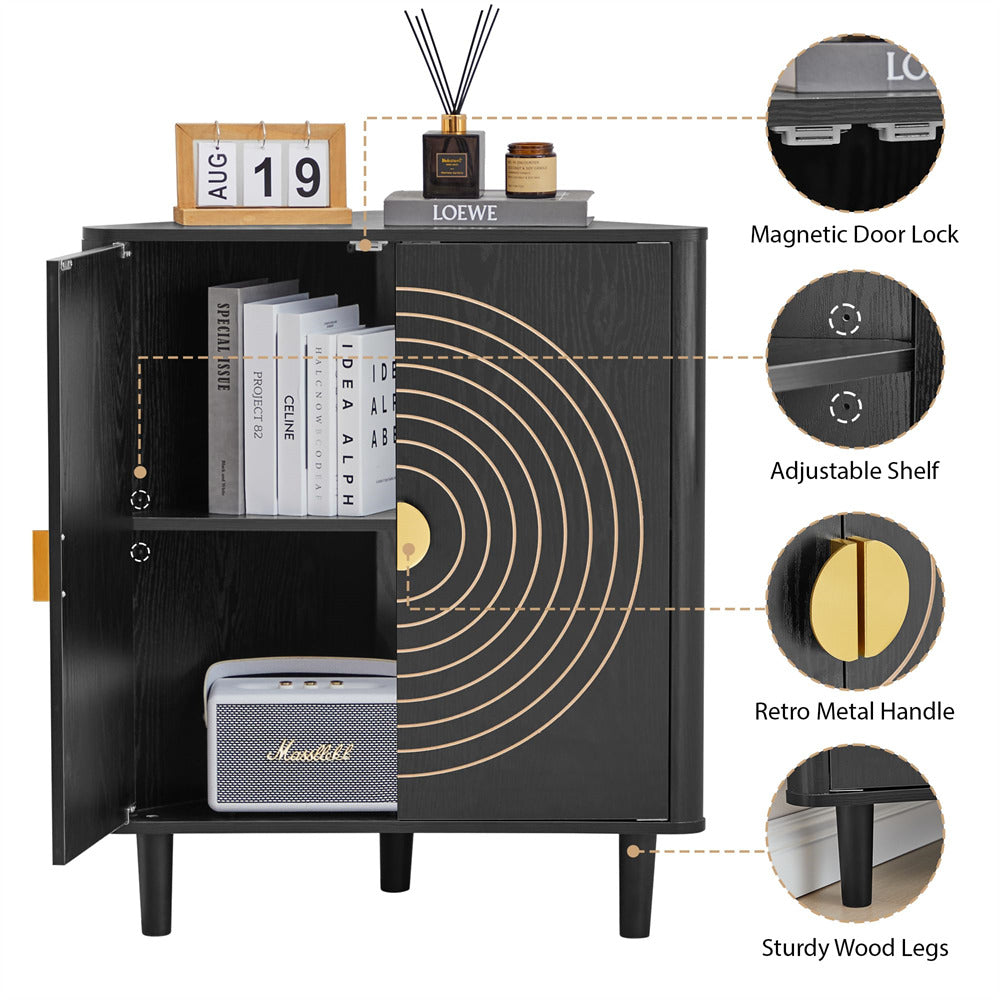 Black cabinet with features highlighted, including a magnetic door lock, adjustable shelf, retro metal handle, and sturdy wood legs.