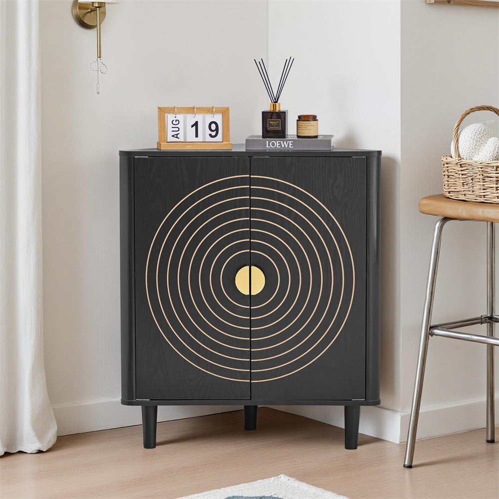 Black cabinet with gold circular design in a room setting with a stool and decor items.