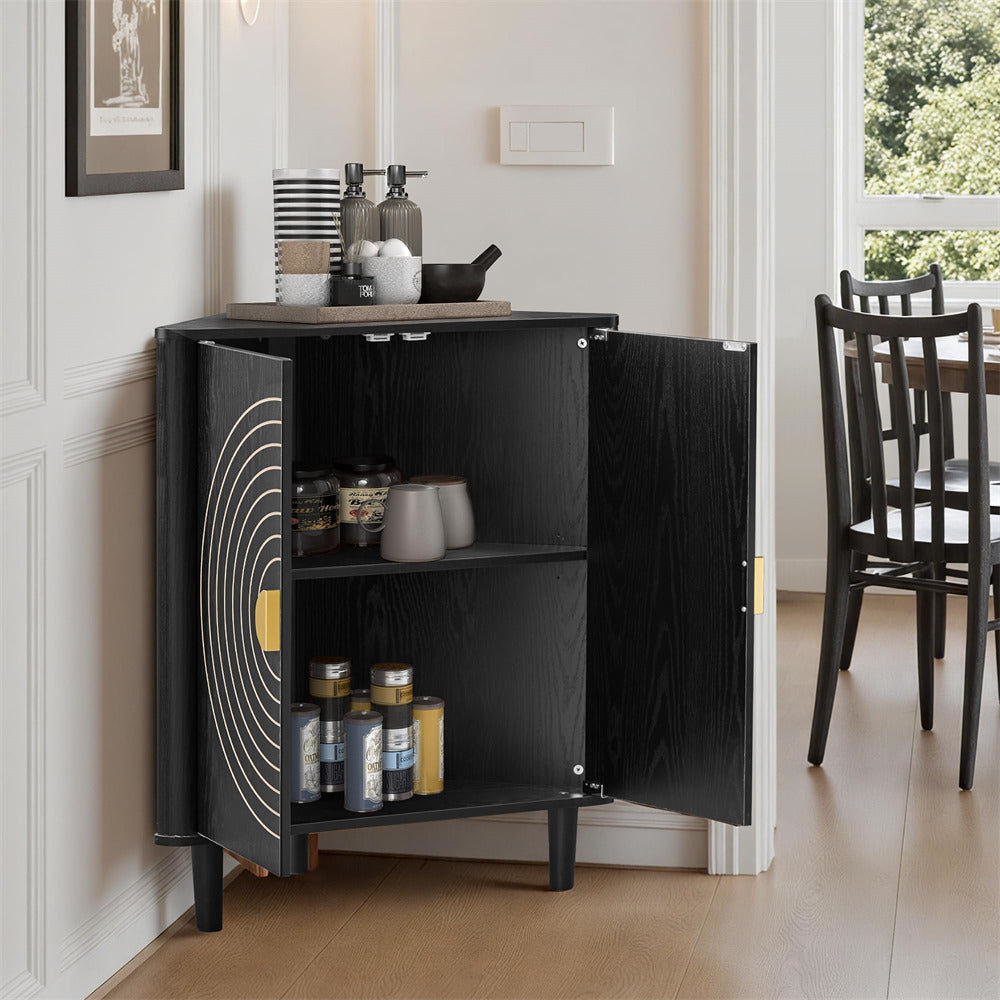 Black cabinet with open doors displaying items in a room with a dining table and chairs.